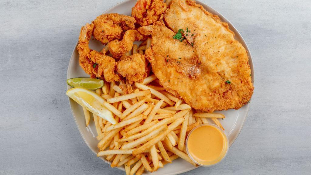 Miami Shores · Tilapia and five pieces fried miami shrimp. Served with fries.