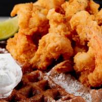 Shrimp & Waffles · Try Breakfast the Lovely’s Way! 10 succulent, perfectly fried, jumbo shrimp paired
with one ...