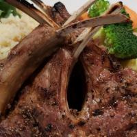 Grilled Lamb Chops · 6 grass fed New Zealand lamb chops served with rice pilaf and mixed vegetables