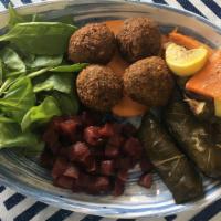 What The Falafel Bowl · Baby spinach, roasted fresh veggies, falafel, radishes, dolmades and walnuts with our tzatzi...