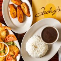 Breaded Shrimps / Camarones Empanizados · Served with rice and beans green plantains sweet plantains or salad / todas los platos son s...