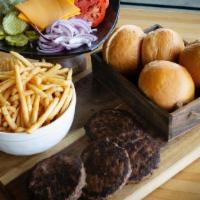 Burger Box · Feeds 4. Four homemade buns, 4 medium-well beef patties with Cheddar cheese, toppings: lettu...