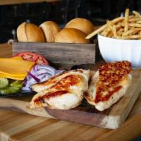 Chicken Sandwich Box · Feeds 4. Four homemade buns, 4 grilled chicken breasts with Cheddar cheese, toppings: lettuc...