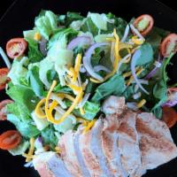 House Salad W/ Chicken · Romaine & spinach blend, diced tomatoes, cucumbers, mixed cheese, red onions & a grilled chi...
