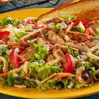 The Blue Zalad® - Blackened · Mixed greens, red cabbage, carrots, Roma tomatoes, blue cheese crumbles, fried onions, and b...