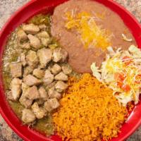 Chile Verde · Pork loin braised in a green sauce of fresh Mexican tomatillos.