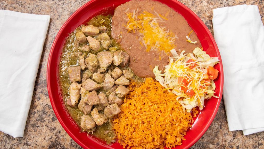 Chile Verde · Pork loin braised in a green sauce of fresh Mexican tomatillos.