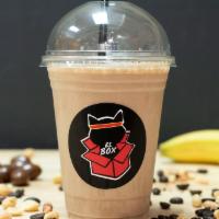 Mocha Cat · Chocolate protein, almond milk, coffee, peanut butter, banana, cinnamon and cacao powder.