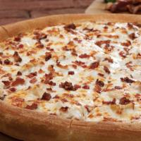 Chicken Bacon Ranch Large Pizza · 10 slices. Ranch dressing, chicken, bacon bits and mozzarella cheese.