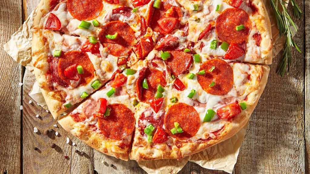 Meat Lovers Pizza · Yummy pizza tomato sauce, mozzarella cheese topped with smoked Ham, Pepperoni, Italian Sausages and chopped Bacon.