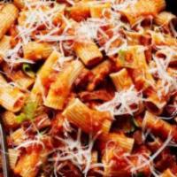 Rigatoni · Served with bolognese meat sauce, parmigiano reggiano.