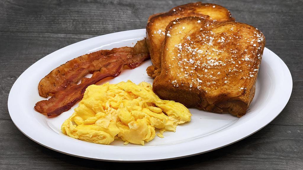 2 - 2 - 2 · 2 Pancakes or French Toast, 2 Eggs any style, 2 Bacon Strips, Sausage Links, or Turkey Sausage Patties.