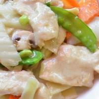 Moo Goo Gai Pan · Mushroom, napa, broccoli, snow peas, & carrots stir-fried sauce.