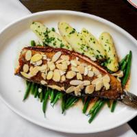 Georgia Rainbow Trout Amandine · Toasted almonds, brown butter, thin green beans, and whipped potato.