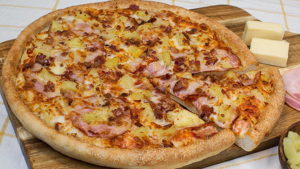 Tropical Hawaiian Special Pizza · Canadian bacon, smoked bacon, pineapple, Cheddar cheese and Saprino's gourmet cheese blend.