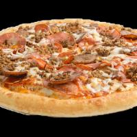 New York Deli Pizza · Pepperoni, salami, spicy Italian sausage, Canadian bacon, lean ground beef and Sarpino's gou...