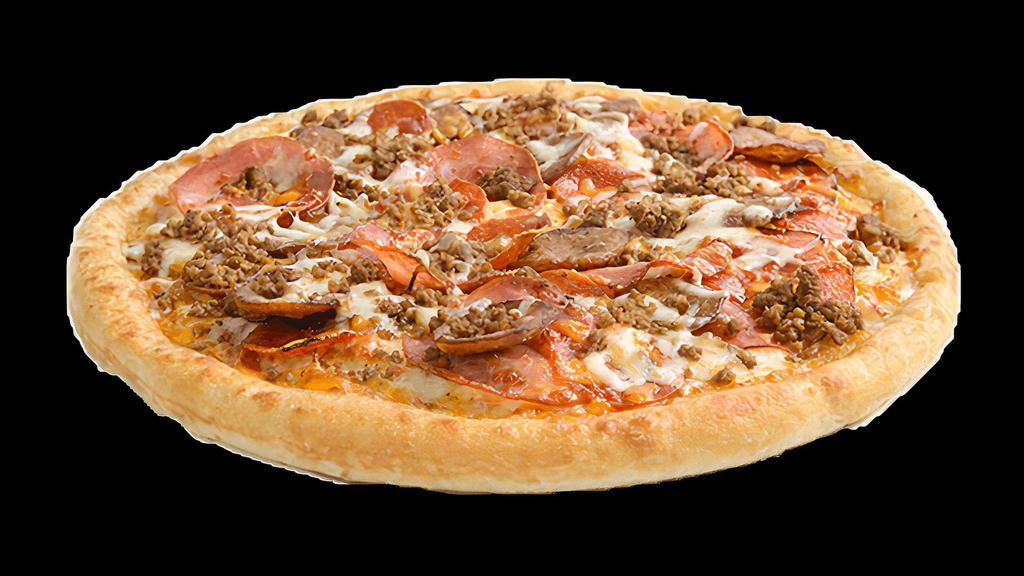 New York Deli Pizza · Pepperoni, salami, spicy Italian sausage, Canadian bacon, lean ground beef and Sarpino's gourmet cheese blend.