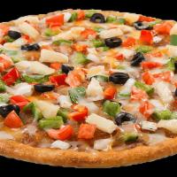 Vegetarian Pizza · Pizza sauce and loaded with sauteed onions and green peppers,ripe tomatoes,freshly sliced mu...