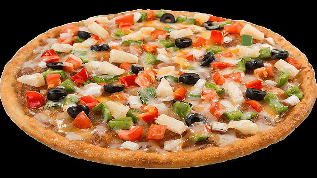 Vegetarian Pizza · Green peppers, onions, fresh tomatoes, fresh mushrooms, black olives, sweet pineapple and Sarpino's gourmet cheese blend.