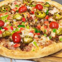 Mexicana Pizza · Lean ground beef, onions, chili peppers, green and red peppers, fresh tomatoes, jalapenos an...