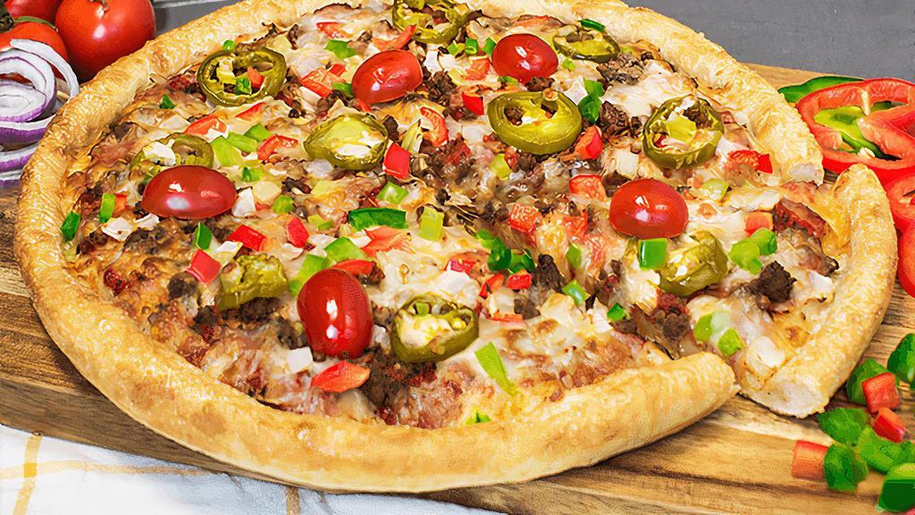 Mexicana · Lean ground beef, ripe tomatoes, onions, spicy chili peppers, fresh red and green peppers, fiery jalapeños and our signature gourmet cheese blend.