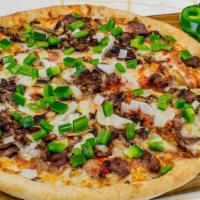 Sarpino'S Steak · Layer of homemade pizza sauce and loaded with tender sliced steak, fresh onions and green pe...