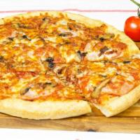 Canadian Classic Pizza · Sarpinos traditional pan pizza baked to perfection,and topped with lean Canadian,and smoked ...