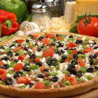 Greek · Feta cheese, vine-ripened tomatoes, lean ground beef, black olives, fresh onions and green p...