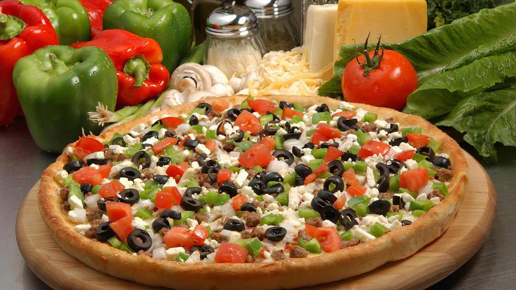 Greek Pizza · Feta cheese, fresh tomatoes, lean ground beef, black olives, onions, green peppers and Sarpino's gourmet cheese blend.