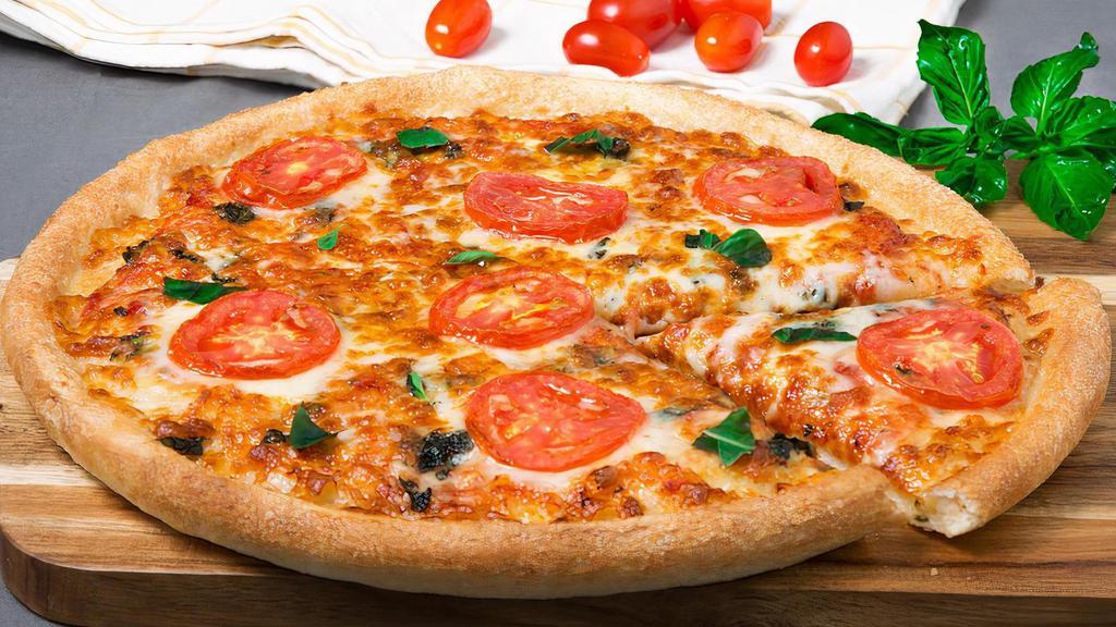 Pizza Margherita · Pepperoni, fresh tomatoes, Sarpino's gourmet cheese blend topped with fresh basil.