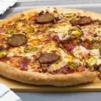 Midnight Express · Pizza sauce, spicy ground beef, freshly sliced salami and pepperoni, spicy Italian sausage, ...