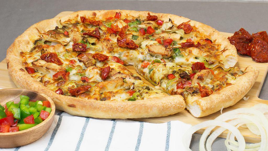 Pesto Lovers Pizza · Pesto sauce, grilled chicken strips, artichoke hearts, sun-dried tomatoes, onions, red and green peppers, Sarpino's gourmet cheese blend and Parmesan cheese.
