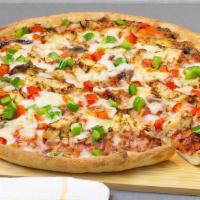 Bbq Chicken Bonanza Pizza · Grilled chicken strips, button mushrooms, red and green peppers, onions, garlic, artichoke h...