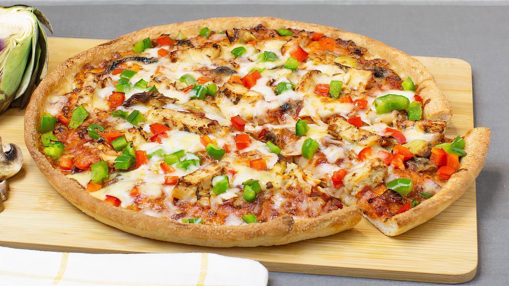 Bbq Chicken Bonanza Pizza · Grilled chicken strips, button mushrooms, red and green peppers, onions, garlic, artichoke hearts and Sarpino's gourmet cheese blend on BBQ sauce.
