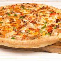 Santa Fe Chicken Pizza · Chipotle ranch sauce, chicken breast, green and red peppers, onions, Parmesan cheese, smoked...