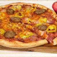 Primo Capicollo Pizza · Italian sausage, capicollo, pepperoni, garlic and hot banana peppers, loaded with Cheddar an...