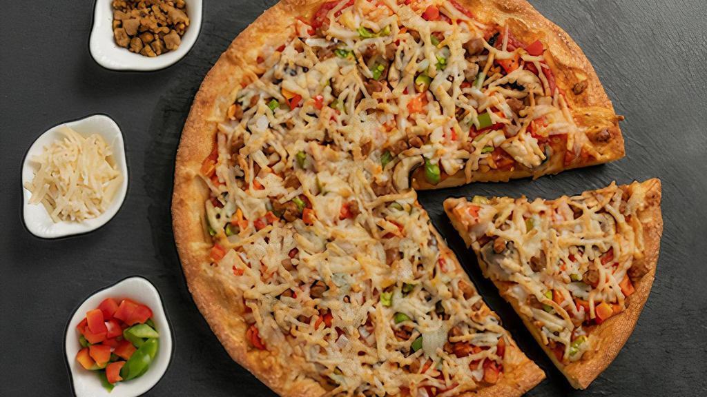 Vegan Italiano · Sarpino's traditional pan pizza is baked to perfection with Daiya Mozzarella cheese and the freshest ingredients. Vegan Al Dente pizza sauce • Mushrooms • Onions • Green Peppers • Red Peppers • Featuring Beyond Italian Sausage • Daiya Mozzarella Cheese