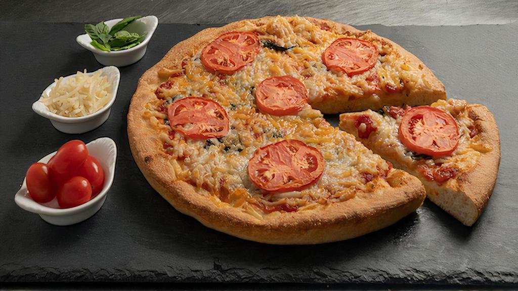 Vegan Margarita · Sarpino's traditional pan pizza is baked to perfection with Daiya Mozzarella cheese and the freshest ingredients. Vegan Al Dente pizza sauce • Fresh Basil • Daiya Mozzarella Cheese • Sliced Tomatoes
