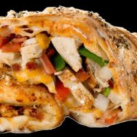 Chicken Calzone · White chicken meat in choice of sauce with tomatoes, onions, green peppers and bacon.