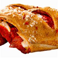 Pepperoni Calzone · Freshly sliced pepperoni,our signature gourmet cheese blend smothered in tomato sauce,wrappe...