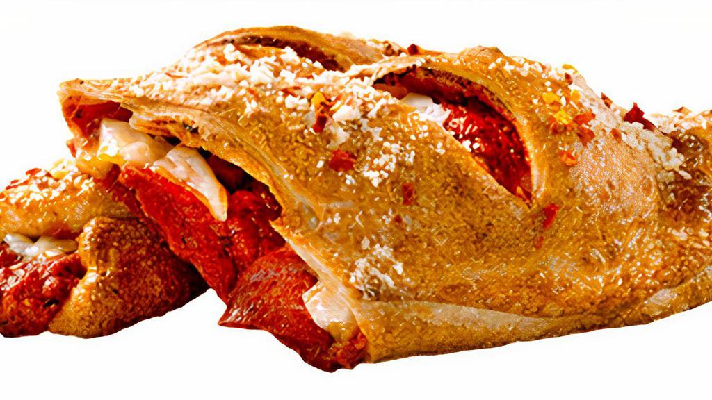 Pepperoni Calzone · Freshly sliced pepperoni,our signature gourmet cheese blend smothered in tomato sauce,wrapped in a golden-brown crust,brushed with rich garlic butter,and sprinkled parmesan cheese.