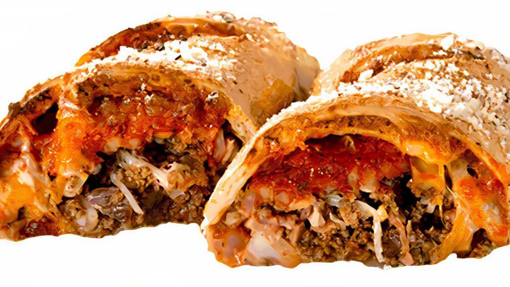Bacon Cheeseburger Calzone · Ground beef, onions, bacon bits, cheddar cheese and pickles on request.