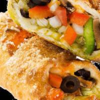 Vegetarian Calzone · Delightful vegetable selection of black olives, tomatoes, red and green peppers, fresh mushr...