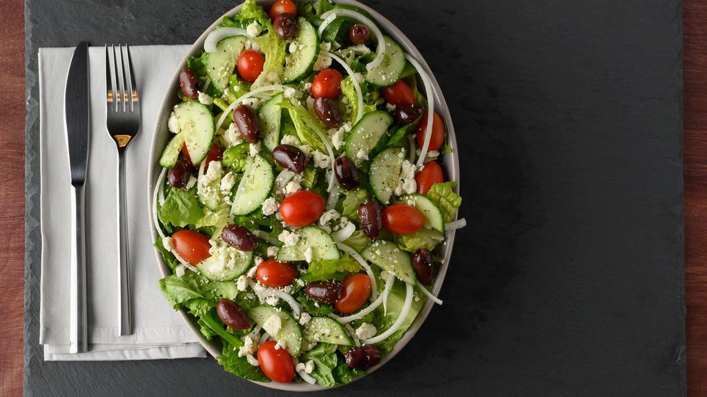 Greek Salad  · Tomatoes, onions, green peppers, cucumber, Feta cheese, kalamata olives and oregano with romaine lettuce.