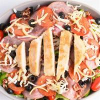 Sarpino'S Signature Salad · Tender grilled chicken strips, lean Canadian and smoked bacon, freshly sliced pepperoni, bla...
