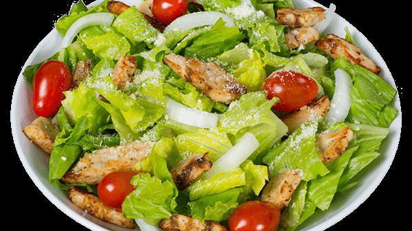 Grilled Chicken Salad · Tender all-natural grilled chicken breast, crisp Romaine lettuce, fresh onions, sharp Parmesan cheese and ripe tomatoes.