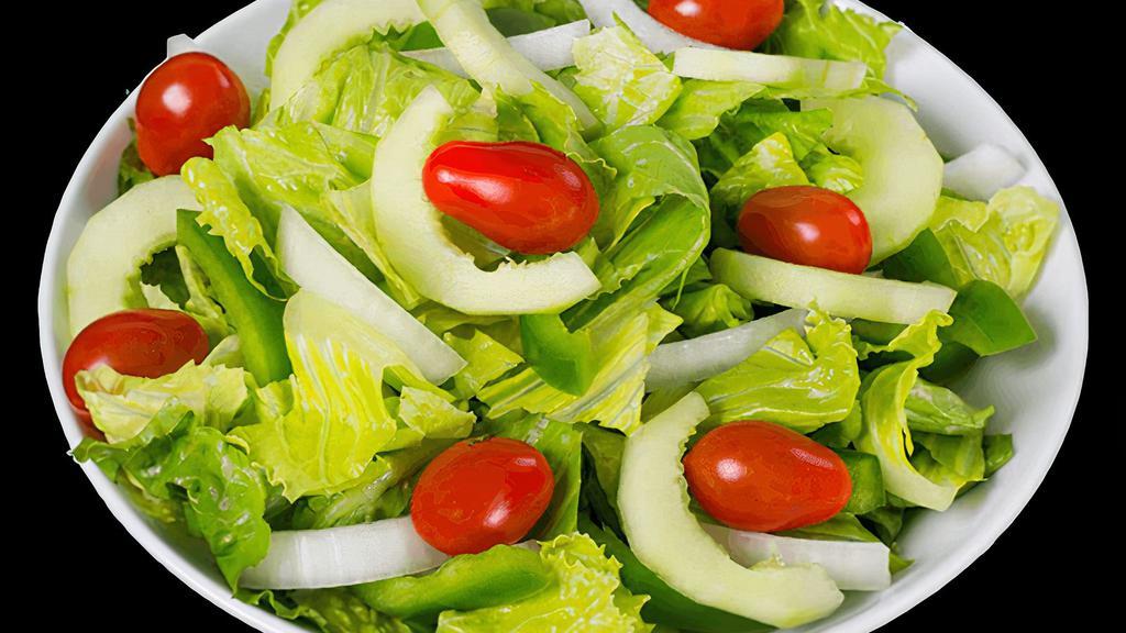 Green Salad · Fresh tomatoes, onions, green peppers and cucumbers over crisp romaine lettuce.