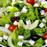 Tray Greek Salad · Crisp Romaine lettuce, ripe tomatoes, feta cheese, Kalamata olives, fresh onions, crunchy gr...