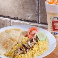 Kid'S Chicken Skewer · Chicken skewer served with rice, tomato, cucumber and pita bread. 633 cal.