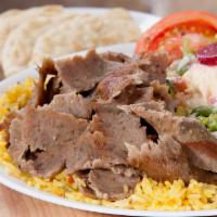 Gyro Platter · Gyro meat over rice with a greek salad. 1377 cal.